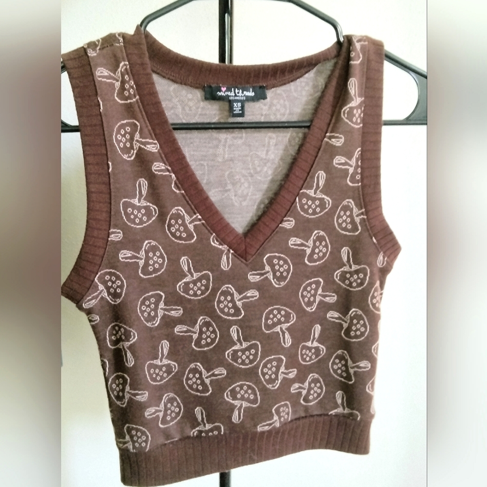 A Mixed Threads, XS, brown mushroom sweater vest, cropped.